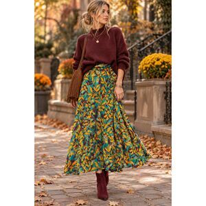 Floral Turquoise Orange Pink Tropical Vine Maxi Skirt Size Small